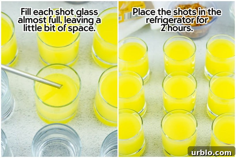 Filling the shot glasses with the jello mixture.