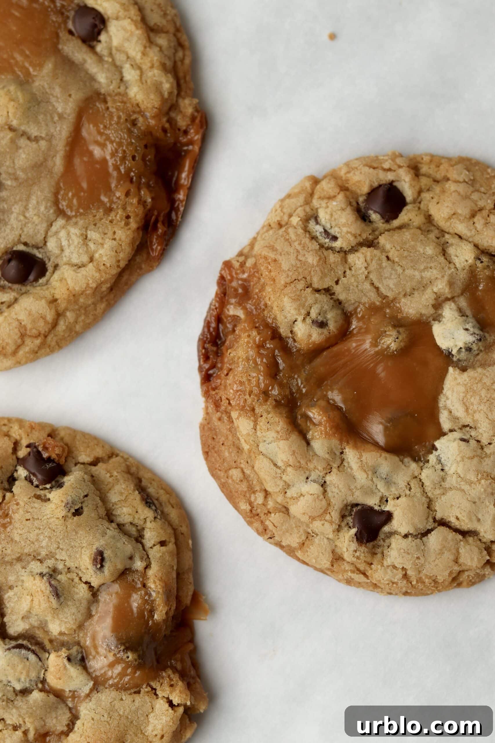 3 caramel stuffed chocolate chip cookies