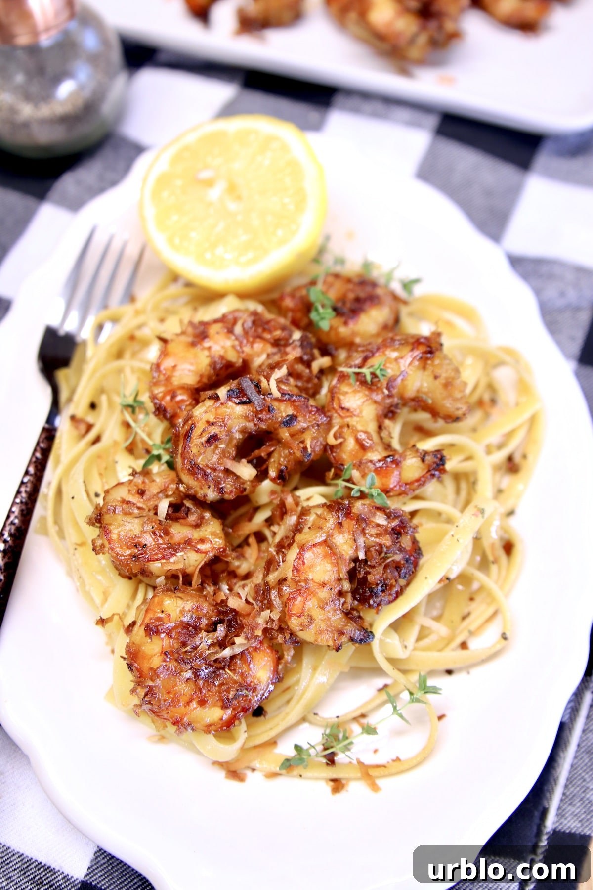 Platter of pasta with shrimp.