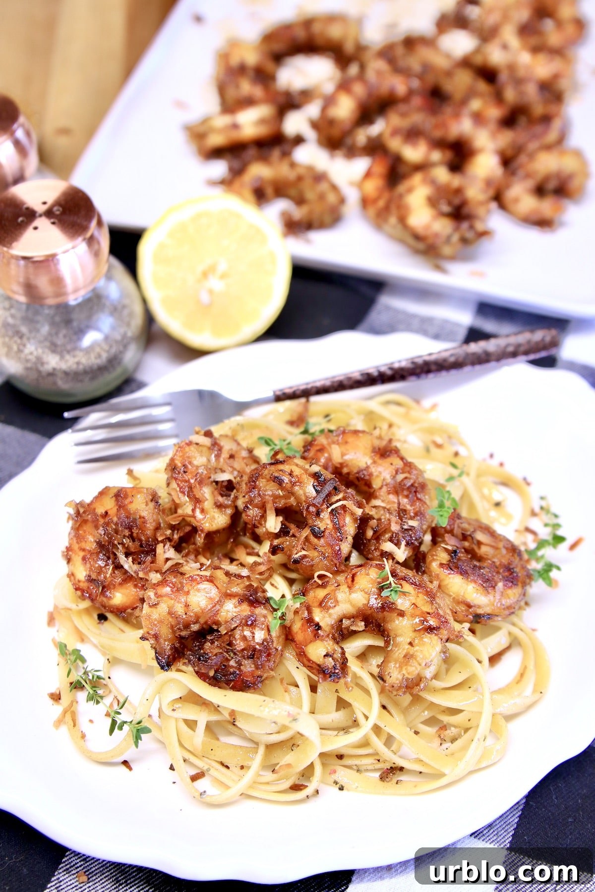 Platter of pasta and shrimp.