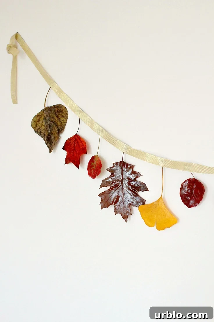 How to Make a Charming Fall Leaves Garland for Your Home 2 Leaves garland made with real leaves in various fall colors and ribbon