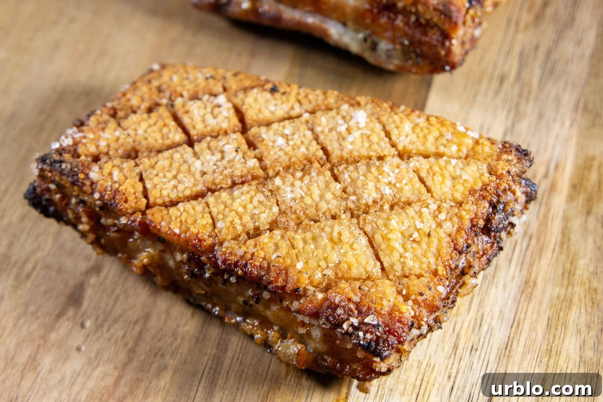 Crispy Salt-Crusted Pork Belly Recipe with Tender Juicy Meat 8 roasted pork belly that's done cooking and crisp on top.