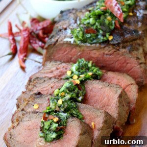 sliced steak with chimichurri sauce