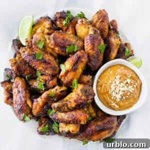 Plate of Thai flavored chicken wings served with peanut sauce.