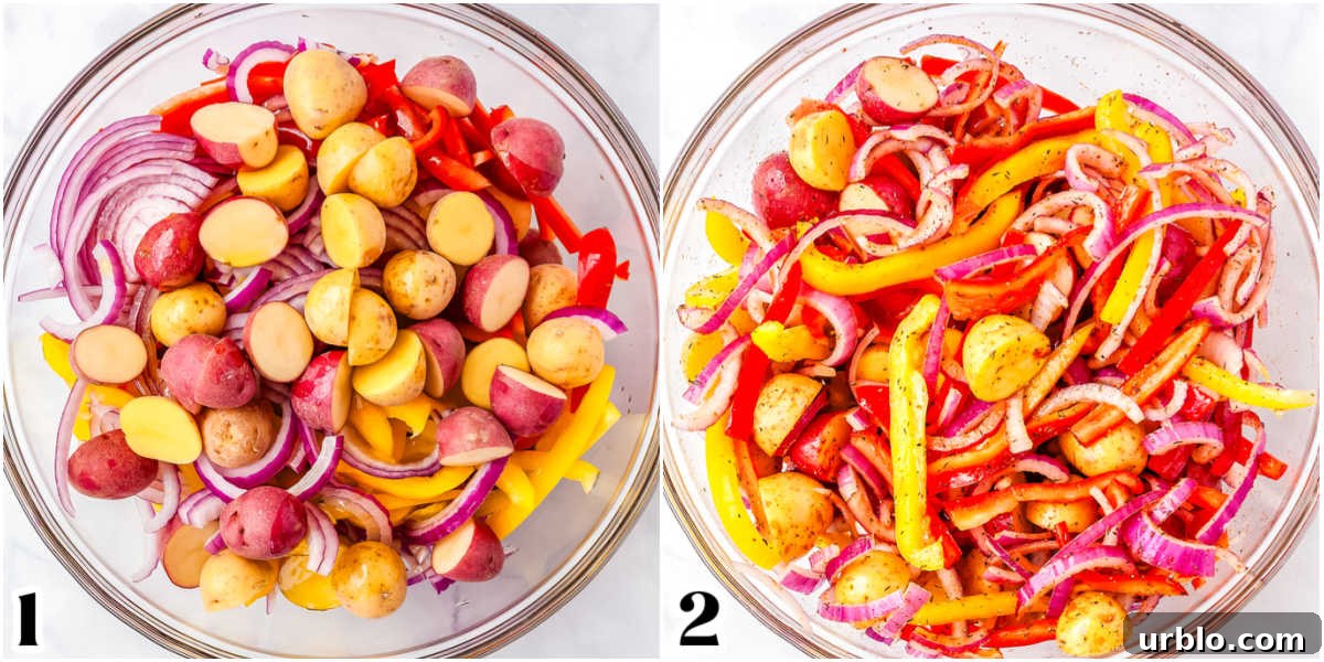 Sheet Pan Smoked Sausage with Roasted Potatoes 6 The veggies in a bowl tossed with olive oil and seasonings.