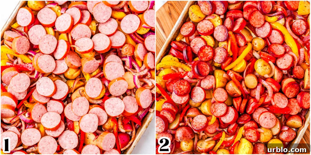 Sheet Pan Smoked Sausage with Roasted Potatoes 7 The sheet pan meal before and after baking it.