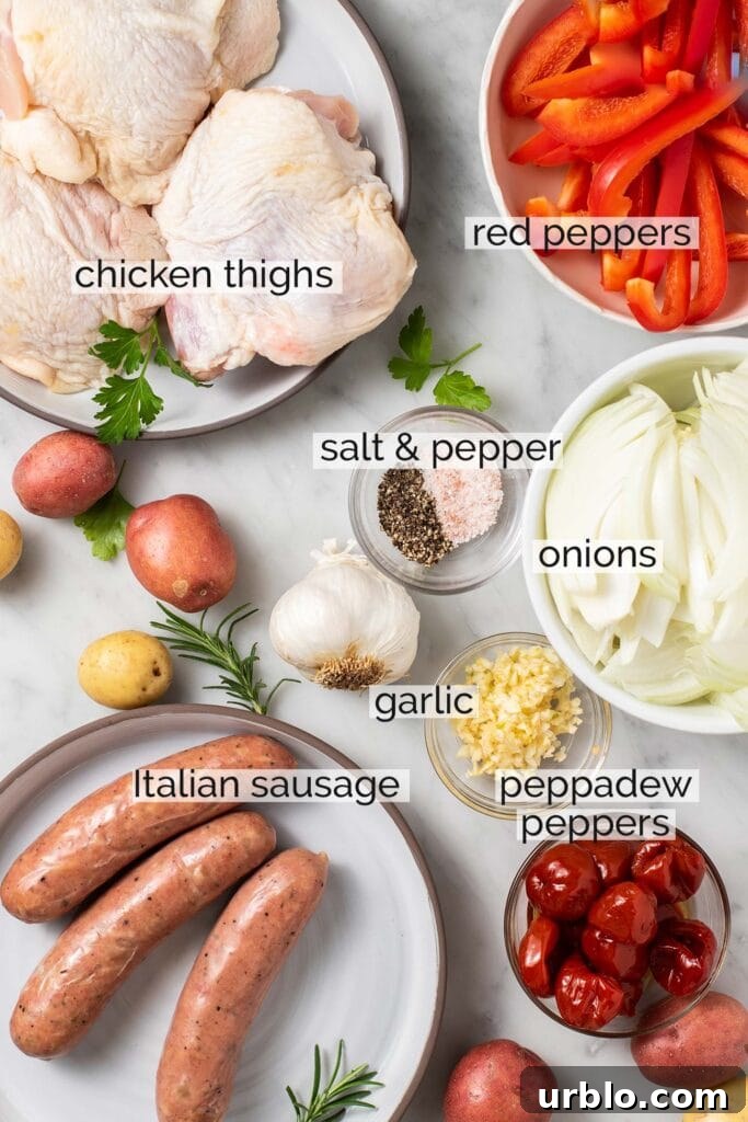 Scarpariello Chicken Recipe: Italian Peppers & Vinegar 3 The ingredients for this dish shown prepared to start cooking with labels.