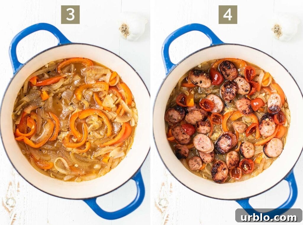 Scarpariello Chicken Recipe: Italian Peppers & Vinegar 6 Step 3 shows adding the wine and broth to the vegetables, and step 4 shows adding the sausage and sweet peppers.