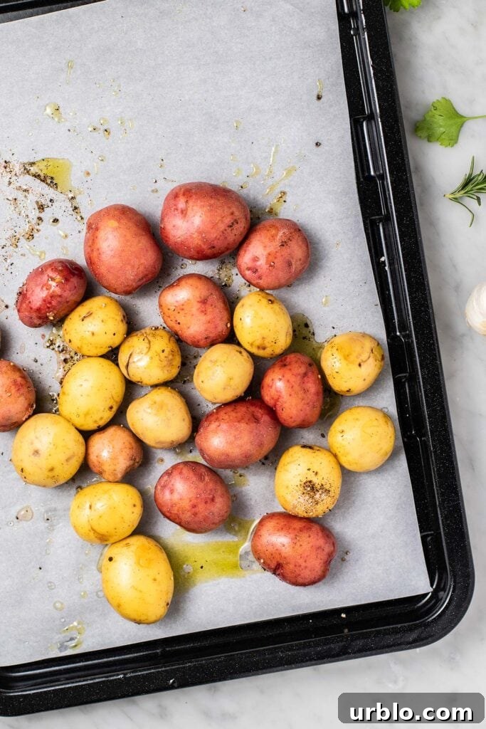 Scarpariello Chicken Recipe: Italian Peppers & Vinegar 8 A baking pan with red and white potatoes prepared to bake.