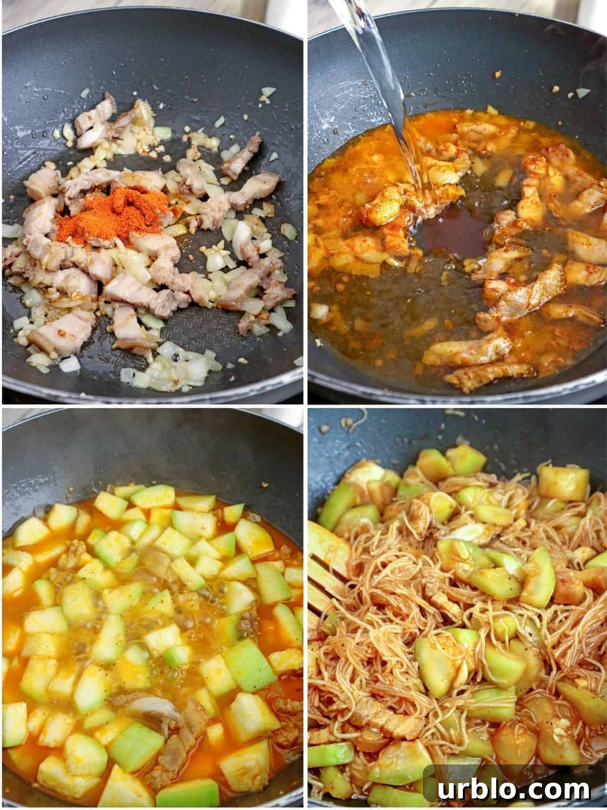 Pancit Upo Recipe: Filipino Bottle Gourd Noodles 4 cooking pancit maklak in a wide pan