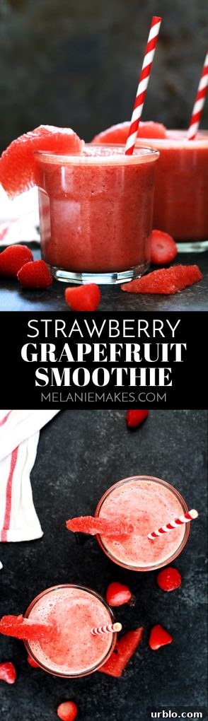 Refreshing Strawberry Grapefruit Smoothie Recipe 2 This four ingredient Strawberry Grapefruit Smoothie couldn't be easier! A ruby red grapefruit, strawberries, banana and orange juice are blended together in just seconds to create the perfect easy breakfast or snack.