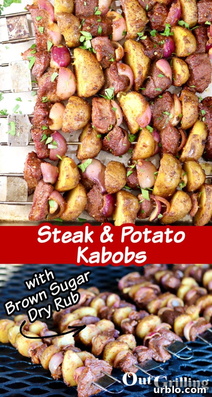 Steak and Potato Kabobs Steak and Potato Kabobs collage- top finished dish garnished with parsley, bottom on the grill - text overlay of title