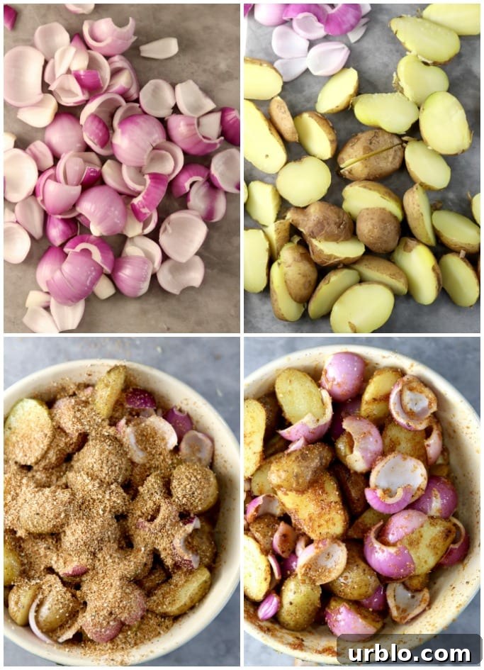 Grilled Steak and Potato Kabobs Recipe 2 Collage of sliced red onions, potatoes, bowl of mixture with olive oil and dry rub seasoning and then mixed.