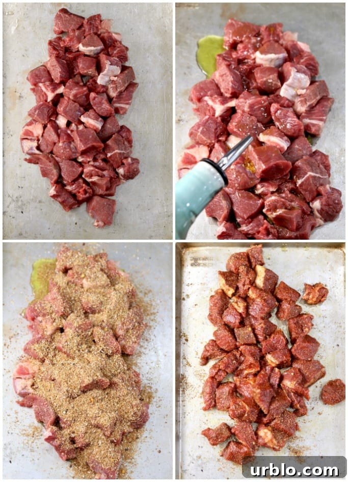 How to season sirloin steak for kabobs collage - steak cut into cubes, drizzling with olive oil, seasoning with rub, tossed with rub