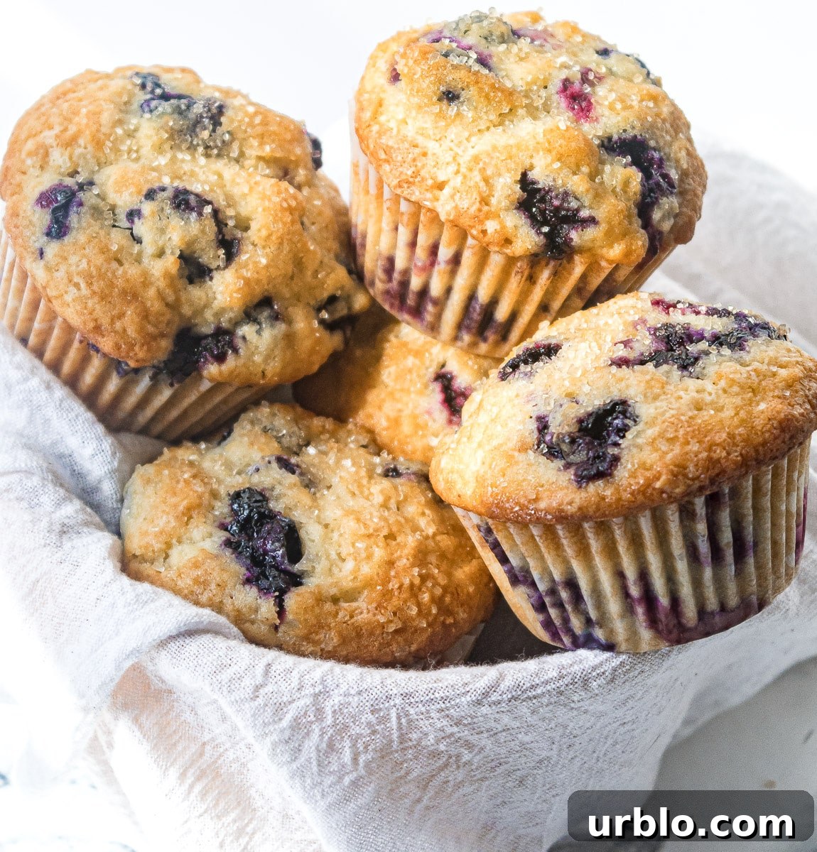 Lemon-Zest Buttermilk Blueberry Muffins 2 Buttermilk Blueberry muffins in a basket