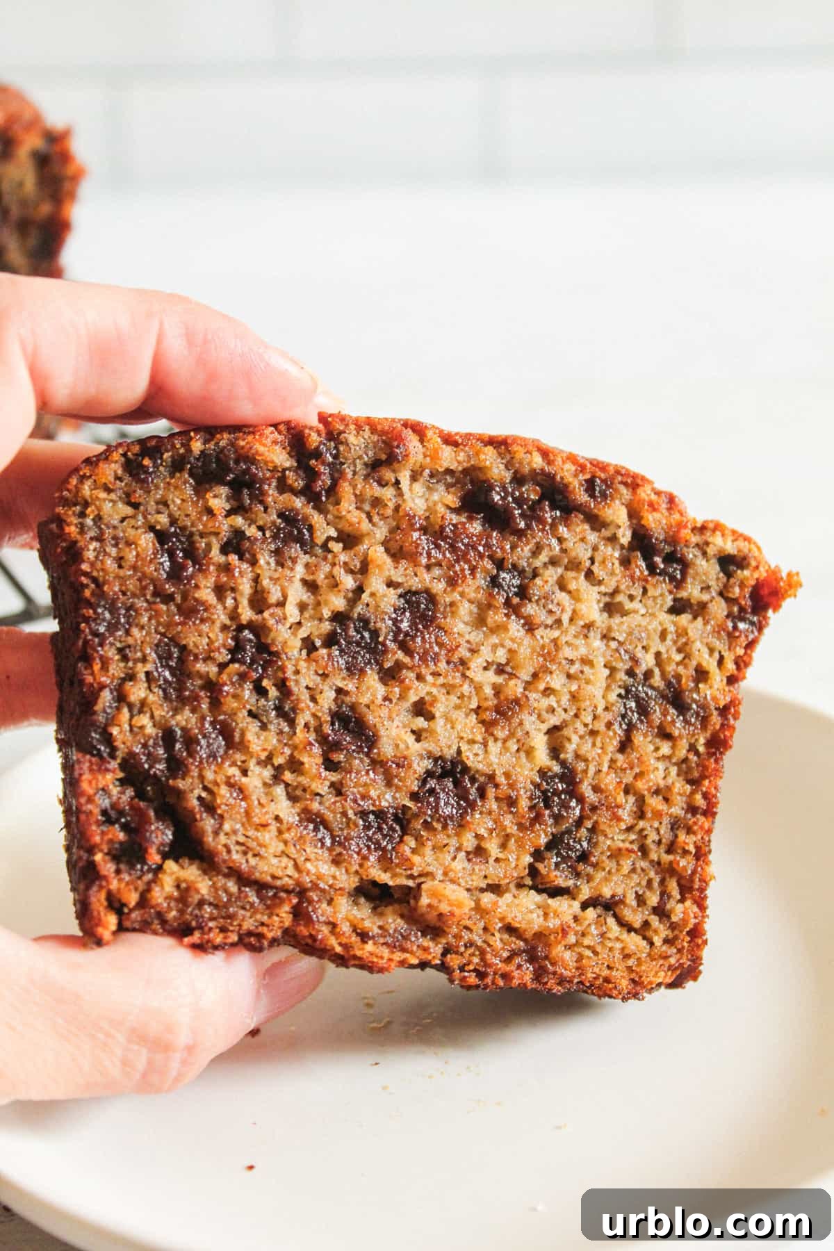 Moist Coconut Flour Banana Bread: Gluten and Grain-Free 15 hand holding coconut flour banana bread