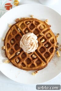 overhead shot of waffle on a white plate.