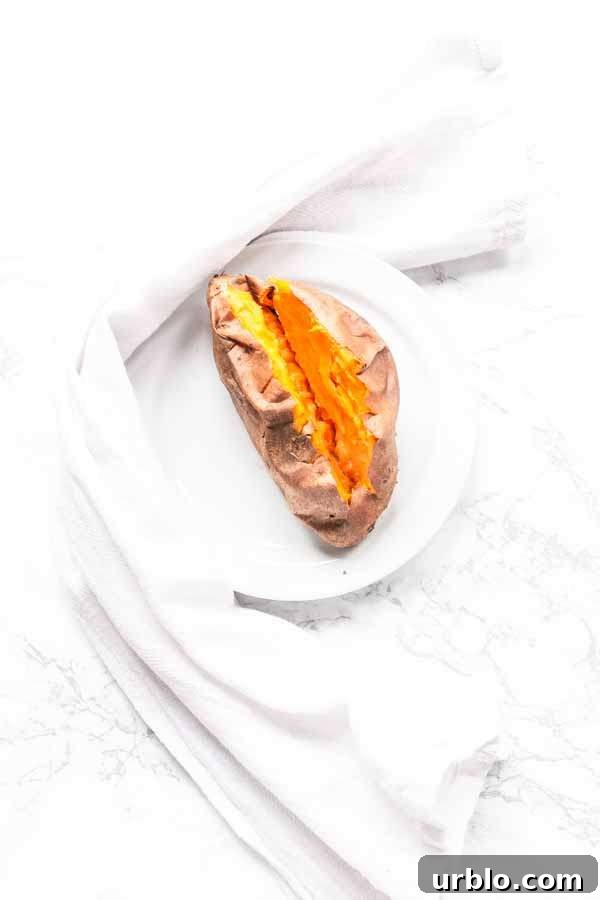 Crispy Baked Sweet Potatoes in the Air Fryer 7 baked sweet potato in Air Fryer on a white plate